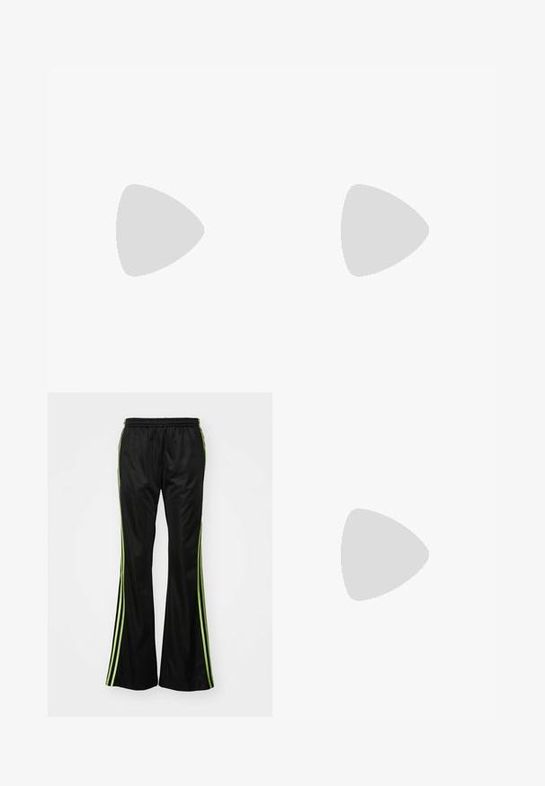 White sleeveless top with a wrap design, made of soft, lightweight fabric. Features a fitted band at the hem and a tied neck strap.; Black athletic pants with a flared shape, featuring green side stripes, elastic waistband, and smooth, shiny fabric texture.; Black athletic shoe with mesh upper and glossy overlays. Features curved coil cushioning and textured lines on the side. Nike logo visible.; Even&Odd Tote bag - black