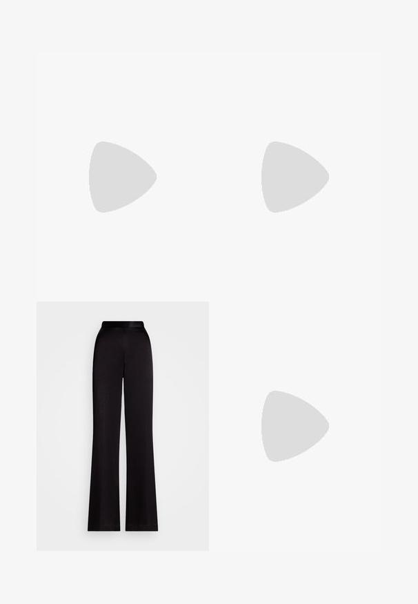 Haut blanc à manches courtes avec un design texturé froncé. Présente un col rond et une silhouette ajustée, fabriqué à partir d'un tissu léger.; Pantalons évasés noirs en tissu lisse, avec une taille haute et une coupe pleine longueur. Pas de motifs ni d'accents visibles.; Chaussures noires en cuir avec une semelle épaisse et côtelée, présentant un accent en métal argenté circulaire et des détails de couture minimalistes.; Sac en cuir noir porté en travers avec deux poches avant, boucles dorées, fermeture zippée et une sangle fine. Surface texturée et forme rectangulaire compacte.