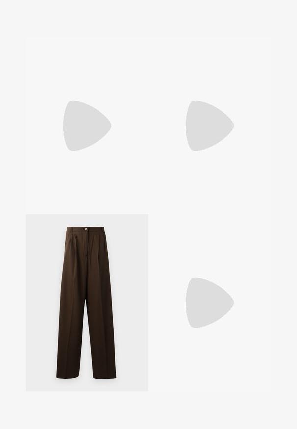 Top bianco arricciato con piccoli motivi floreali rossi, spalline regolabili, e maniche a palloncino con orlo arricciato.; Pantaloni marroni su misura con un design a gamba larga, caratterizzati da pieghe frontali, chiusura con bottone e un tessuto liscio e testurizzato.; Scarpa slingback da donna in stampa leopardata con tacco basso a blocco e fibbia dorata sul cinturino laterale, mostrata in profilo su sfondo semplice.; Orecchini in metallo color oro con un design intrecciato, una superficie liscia e lucida e forme arrotondate. Ciascuno misura circa 5 cm.