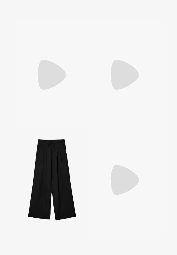 Black halter top made of fabric with a deep V-neck, featuring a front zipper and scalloped hem at the bottom. No patterns or accents.; Stradivarius TEXTURED DRAWSTRING - Trousers - black; Black leather over-the-knee boots with pointed toes, flat soles, and side zippers. Smooth texture, sleek design without embellishments.; Black patent leather handbag with a curved shape, one shoulder strap, front pockets, and silver-tone hardware accents.