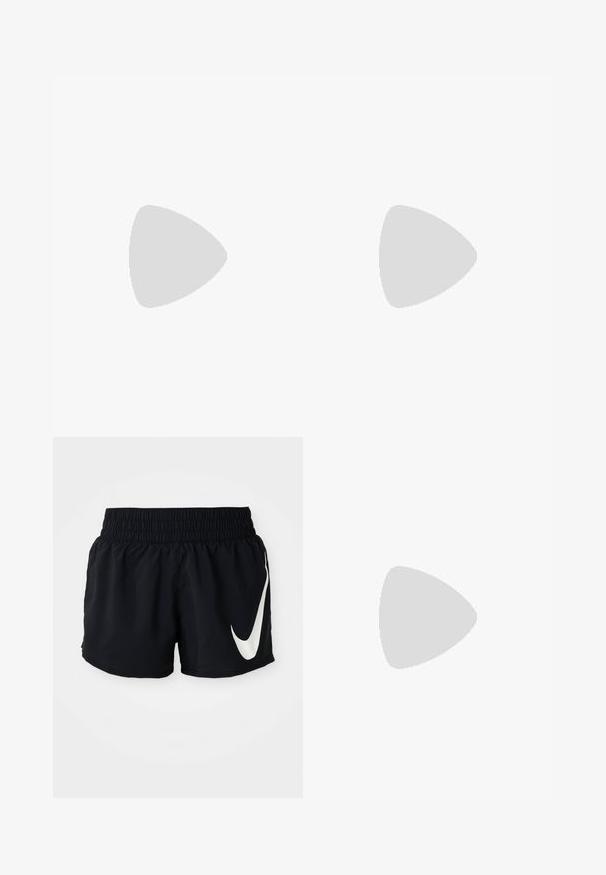 Mouwloos sporttanktop met ronde halslijn, met een abstract penseelstrook patroon in groen, rood, zwart en grijs op een witte stof.; Zwarte sportshorts met een elastische tailleband, voorzien van een groot wit Nike-logo op de voorkant en gemaakt van een soepele, lichte stof.; Witte sportieve schoenen met een gestructureerde mesh bovenkant, een comfortabele zool en subtiele grijze accenten. Inclusief branding en een lus aan de hiel voor eenvoudig aan- en uittrekken.; Zwarte waterflesriem met een verstelbare band, voorzien van een wit Nike-logo, een grijze waterfleshouder en witte accentstiksels.