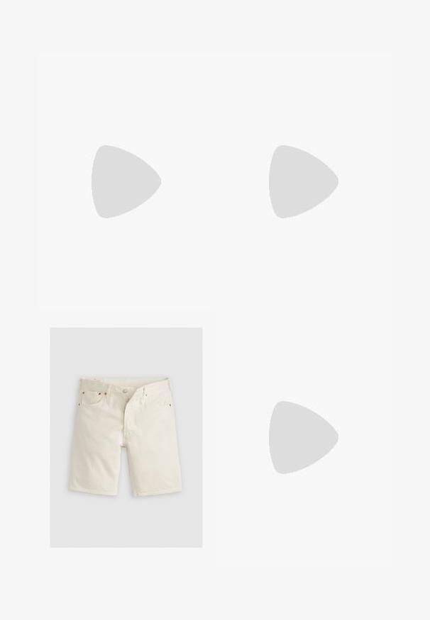 Striped short-sleeve T-shirt in navy, cream, and red; features geometric pattern, crew neck, and embroidered yellow logo on chest.; White denim shorts with a straight cut, featuring copper rivets, a button fly, and five pockets. Textured fabric with a classic design.; White leather sneaker with embossed pattern, textured white midsole, and black heel accent. Features rounded toe and flat laces.; Black sunglasses with a rectangular shape, dark lenses, silver accents at the temples, and a matte finish on the frame.
