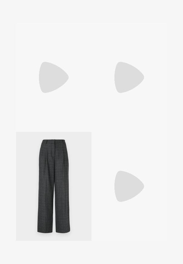 Pelēks garām piedurknēm tops, izgatavots no viegla auduma, ar ribotiem apaļiem kakla izgriezumiem un puscaurspīdīgu svītrainu dizainu visā torso daļā.; Pelēki plati bikses ar teksturētu audumu, ar priekšējām krokām, augstu jostu un piegriezumu, kas nodrošina strukturētu izskatu.; Melna ādas baleta kurpe ar noapaļotu purngalu, gludu tekstūru, minimālu šuvju detalizāciju un elastīgu zoles dizainu.; Melnas ādas somas ar teksturētu virsmu, platām siksnām ar sprādzi un kvadrātveida logo priekšā. Divi augšējie rokturi.