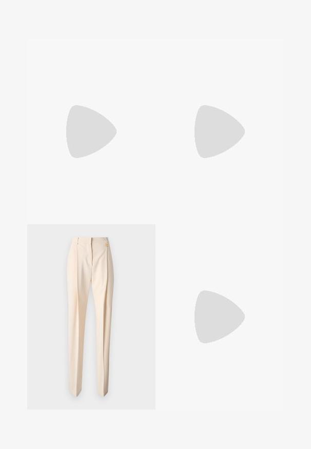 Black t-shirt featuring a floral pattern outlined in white, with short sleeves and a crew neck design. Cotton material with a smooth texture.; Beige tailored trousers with a smooth texture, featuring a slightly tapered leg, front pleats, and a small gold accent detail.; Black knee-high leather boot with pointed toe and chunky high heel, shown in left side profile on white background.; White leather handbag with a curved shape, featuring an embossed "CK" logo on the front and a single shoulder strap. Zipper closure at top.