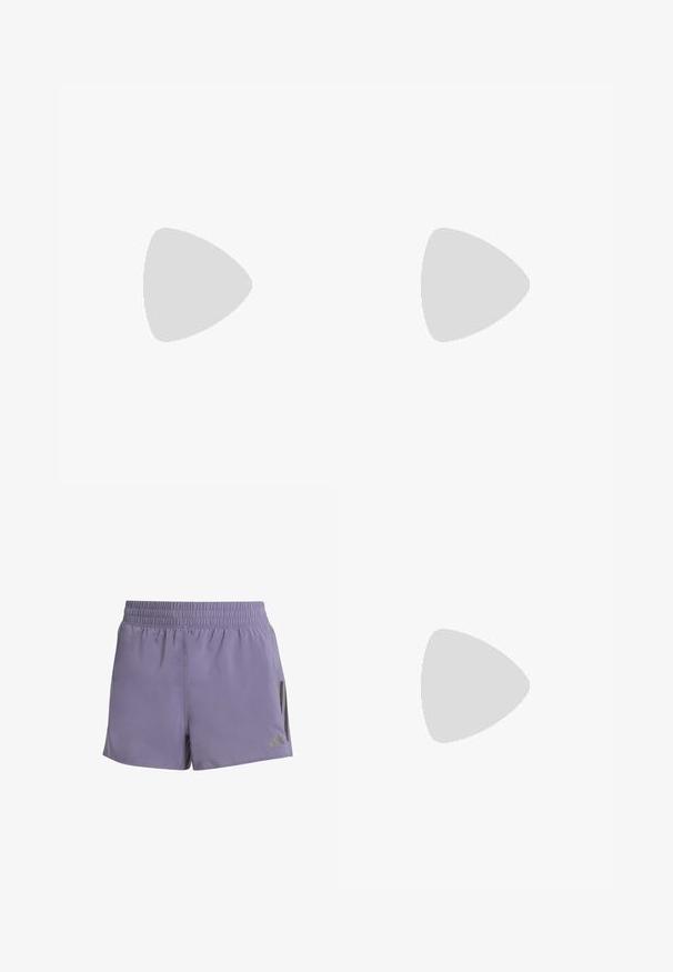 adidas Performance Langærmet T-shirt - shadow fig/white; Lilla atletiske shorts med elastisk talje, to sidelommer og kontrasterende sorte detaljer på den ene side. Glat, let stof.; Letvægts sportssko med en cremefarvet mesh-overdel, grå striber, en grøn detalje og en struktureret blå hælkappe. Sorte snørebånd.; Blåtonede solbriller med wraparound-design, der hviler på et tekstureret sortetui med en metallisk logoaccent.