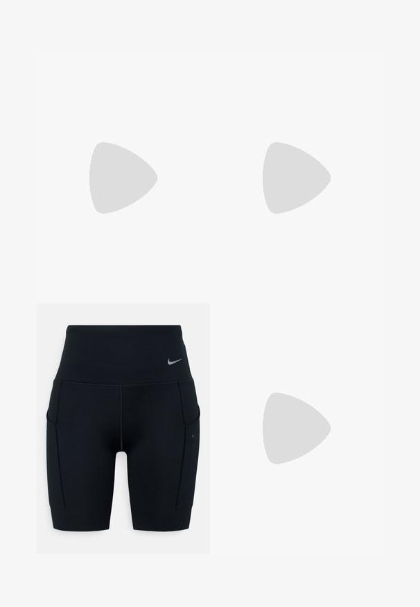 Endless ESSENTIAL - Toppi - white; Musta korkea vyötäröinen urheilushortsit, jotka on valmistettu joustavasta materiaalista; sisältävät sivutaskut ja pienen Nike-logon vyötärökaistassa.; Valkoinen urheilujalkine, jossa on verkkomateriaali ylhäällä, pyöreä varvas ja teksturoitu pohja. Varustettu hopeisella Nike-ikkunalla ja minimalistisella muotoilulla.; Urheilulasit, joissa on musta kehys, suuret sinivioletit liukuvärilinjat ja säädettävät nenätyynyt; kevytrakenteinen malli aktiiviseen käyttöön.