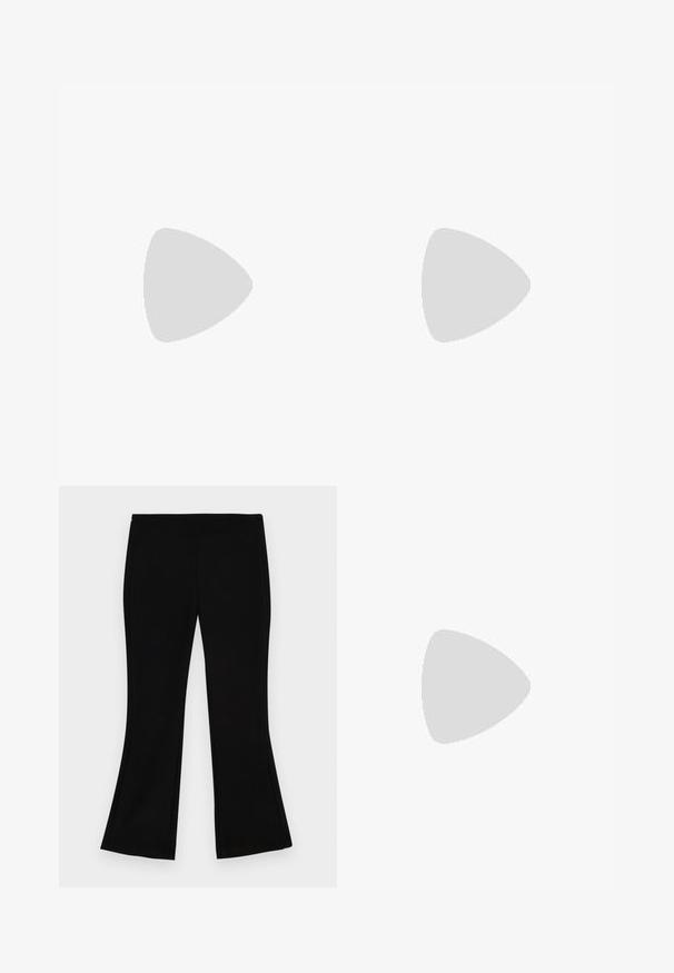 White t-shirt with decorative lace sleeves, featuring a simple, clean design and round neckline.; Black flared pants made from a soft, stretchy fabric. Features a smooth waistband and a clean design with no visible embellishments.; Black leather ballet flat with a round toe, features a decorative bow and smooth texture. Minimalist design with a low, flat sole.; Black sunglasses with rounded edges and tinted lenses. Features gold accent hardware on the temples. Worn with a blue ribbed turtleneck and leather jacket.