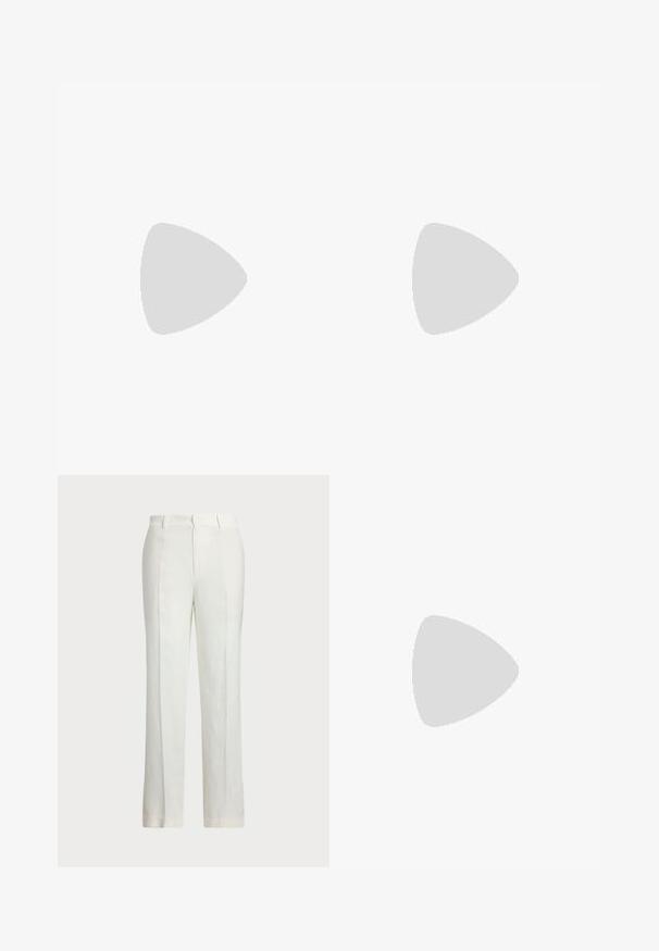 Kreemitooni kaeluseta top, mis on valmistatud linast, millel on sügav V-kaelus ja viis kangast kaetud nuppu ees. Varrukate volditud detail.; Valged linased püksid sirge jala disainiga, millel on lame esiosa, kaks külgtaskut ja peene tekstuuriga kangas.; Bežid kõrge kontsaga sandaalid koos õhukese pahkluu rihmaga ja kahe ülemise rihmaga. Läikiv lakkviimistlus ja kuldne detail pahkluurihmadel.; Pruun nahast käekott kaarjate joontega, kullast ketirihm, sisemine tasku ja eemaldatav õlarihm. Omab kontrastset õmblust.