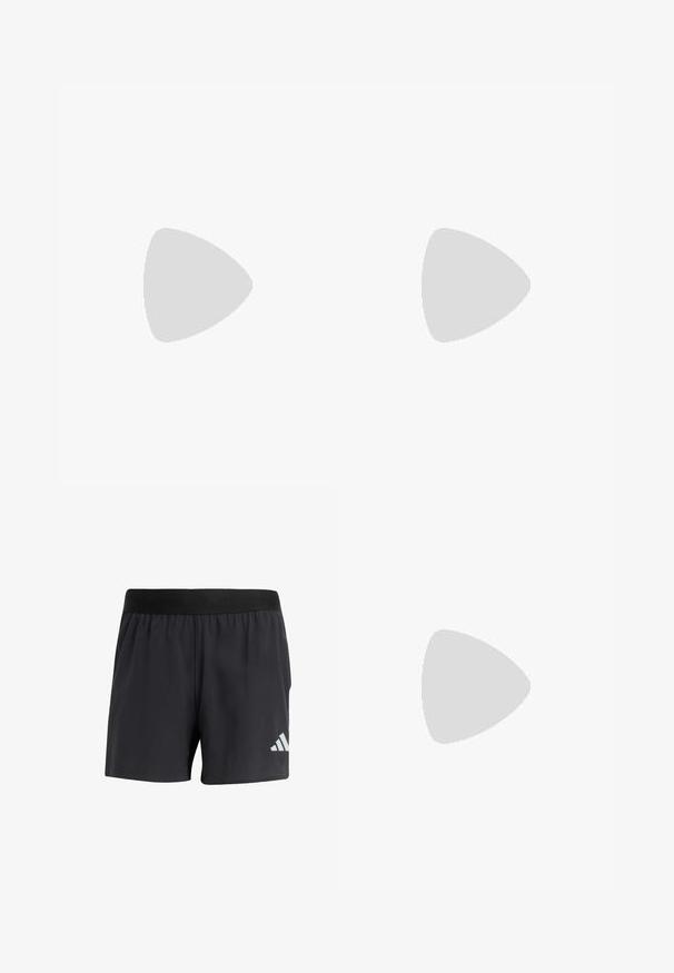 Black long-sleeve shirt with a round neck, made of smooth, durable fabric; features raglan sleeves and subtle tonal branding at the neckline.; Black athletic shorts with an elastic waistband, featuring a smooth texture and a reflective white logo on the lower left side.; Lightweight running shoes in pale blue with black stripes. Features a smooth upper, round toe, and thick white midsole labeled "LIGHTSTRIKE PRO."; Black breathable mesh running vest with adjustable front cords, multiple pockets, and a small logo on the upper right chest.