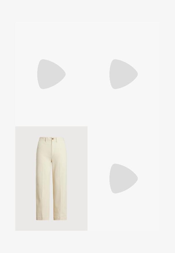 Kätseteta kudumkleit, millel on võrgumuster horisontraalsete triipudega oranžis, kollases, tumesinises ja kreemis. Sirge alläär ja ümmargune kaelus.; Beezid püksid, mis on valmistatud puuvillast, sirge lõikega, ühe nööbi kinnitusega ja nähtavate esihõõrdudega. Puha hem ja ilma mustriteta.; Mustmust nagu nahast sandaalid, millel on kootud rihm, lame tall, ja Nub kerge disain. Sile tekstuur ja minimalistlik profiil.; Valge nahast kott tekstureeritud viimistlusega, millel on kuldne kettling ja mustad aktsendid. Include eesmine tasku ja tõmblukk.