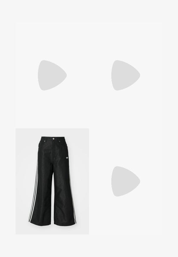 Ziedu acs topiņš ar rozā, purpursarkaniem un zaļiem toņiem. Tam ir melnas mežģīņu siksnas un krāsaini akrila rotājumi uz priekšpuses.; Melni platās kājas džinsi ar trim baltām svītrām katrā pusē un mazu baltu logotipu. Iezīmē priekšējos kabatas un pogu aizdari.; Melnas ādas sporta apavus ar baltām svītrām, apaļu purngalu, baltām auklām un gumijas zoli. Izceļas ar mīksto apkakli un zīmola detaļām.; Ovālas brilles ar metāliski sudraba rāmi, caurspīdīgām lēcām un teksturētām pērlīšu akcentiem uz tempļiem. Viegls dizains ar izliektiem kājiņām.