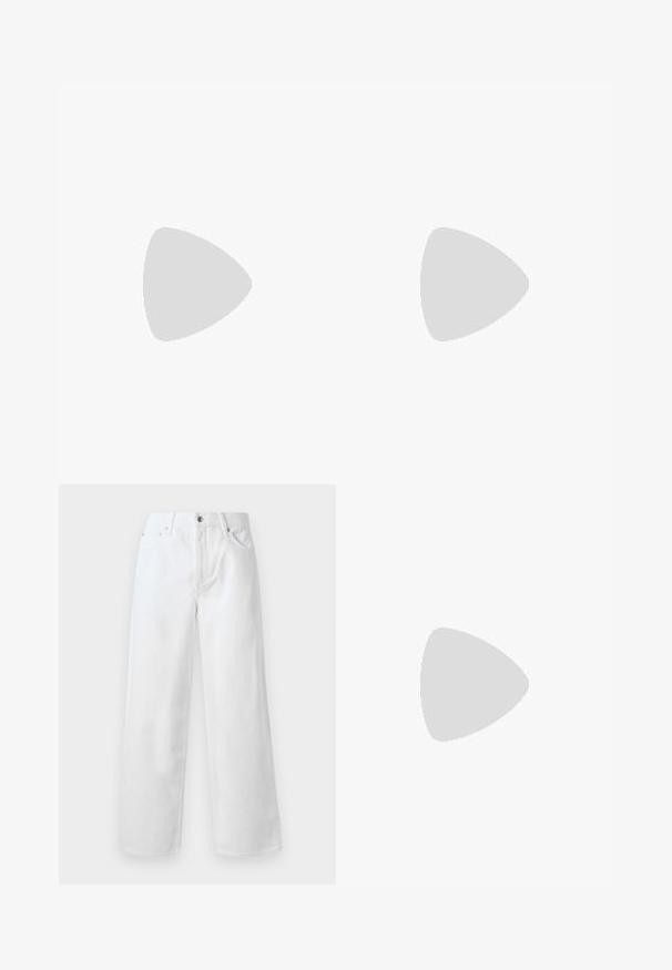 Emporio Armani Polosärk - off white; rag & bone BAGGY - Baggy fit teksad - white; Mustad mustad nahast loafers sileda tekstuuriga, ümarat ninaosa ja dekoratiivne riba vampi üle. Madal kihiline konts, minimalistlik disain.; Mustad mustakorruselised prillid tumedate läätsedega, paks plastikraam, kuldsed aksendid templites ning kaubamärgi logo graveeritud käe lilla.; Mustritud must-valge ristkeha kott, millel on geomeetriline disain, lukuga sulgemine ja hõbedase tooni detailid. Kompaktne reguleeritav rihm kaasas.