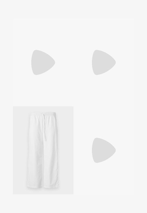 Blue cotton T-shirt featuring a round neckline and short sleeves, with a prominent "GAP" logo in a textured design across the front.; White, textured wide-leg pants with an elastic waistband and adjustable drawstring. Simple, minimalist design without embellishments.; White high-heeled sandal with a chunky heel, featuring a strappy design and ankle tie. Smooth texture with a platform front for added height.; Brown leather tote bag with a wide, structured shape, thin handles, and a textured finish. Features minimalistic design with no visible hardware.