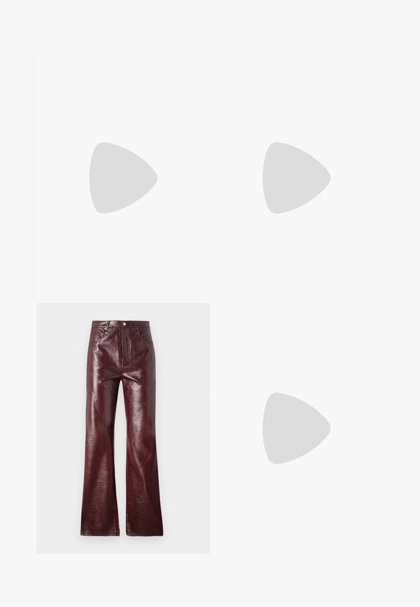 Burgundy satin camisole with thin adjustable straps and a V-neckline. Smooth texture, simple design, and no visible patterns or accents.; Vero Moda VMTESSA WIDE VINYL - Trousers - winetasting; Black leather knee-high boot with a pointed toe and square heel. Smooth texture with a sleek design and minimal stitching details.; Black synthetic leather handbag with a soft texture, hobo shape, and dual shoulder straps; features a glossy finish and minimalistic design.