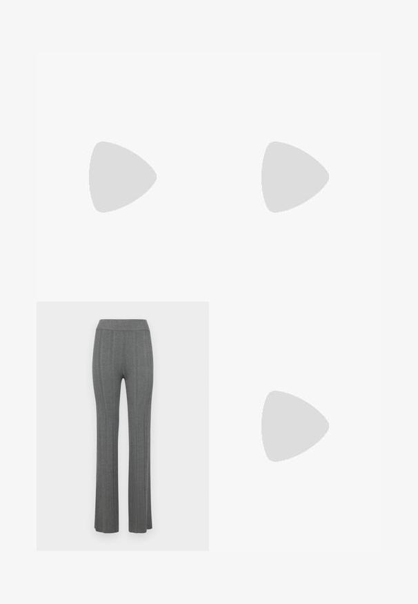 Black long-sleeve turtleneck bodysuit with a square neckline, made from a smooth fabric, featuring a snap closure at the bottom.; Gray ribbed flared pants with a high waistband. Made from a textured knit fabric, featuring vertical stripes throughout the design.; Black leather ballet flat with a rounded toe, smooth texture, minimal stitching detail, and a flexible sole design.; Brown leather handbag with a flap closure, gold-tone hardware, a shoulder strap, and a smooth texture. Compact rectangular shape.