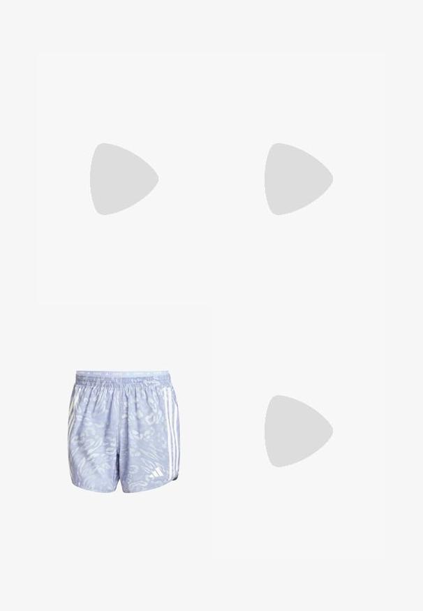 Długosleeve top w jasnoniebieskim kolorze z subtelnym wzorem zwierzęcym. Posiada okrągły dekolt i logo na klatce piersiowej. Teksturowana tkanina.; Jasnoniebieskie szorty do biegania z teksturowanym wzorem, posiadające białe paski po bokach oraz elastyczny pas z napisem "BIEGANIE."; Białe buty biegowe z czarnymi paskami, neonowozielonymi akcentami i czerwoną piętą. Posiadają lekką konstrukcję oraz teksturowaną podeszwę zapewniającą przyczepność.; Okulary przeciwsłoneczne z przezroczystą szaro-srebrną oprawą, przyciemnionymi soczewkami oraz kanciastym kształtem. Posiadają charakterystyczny nosek oraz fakturowane ciemnoszare zauszniki.