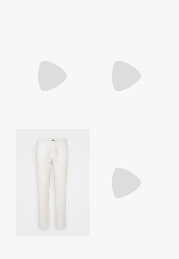 Hallhalline lühikeste varrukatega t-särk, mis on valmistatud puuvilla segakangast, millel on ruudukujuline logo vasakul ülal rinnal ja ümmargune kaelus.; Valged linased püksid, millel on tõmbluku vöökoht, sirge jalgade disain ja peen tekstuur. Ilma nähtavate taskute või mustriteta.; Must haveate nahkking punased, millel on sile viimistlus, tikitud muster ja dekoratiivne metallkett vampi üle. Tasane konts.; Mustad mustmikrooni kujuga mustad prillid, tumedate klaasidega, hõbedased detailid templite juures ja mati viimistlusega raam.