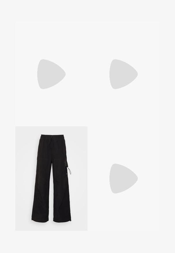 Desires DEDANNON TEE - T-shirts basic - white; Sorte bredde-bukser lavet af et tekstureret stof. Har en elastisk talje med snøre, sidelommer og kontrasterende syninger.; Sorte høj-top sneakers med hvide snørebånd, et hvidt logo og kontrasterende hvid syning. Har en tyk hvid sål og struktureret ruskindsoverdel.; Sorte solbriller med oval form og mørke linser. Strømlinet plastisk stel med teksturerede detaljer på stængerne. Branding på siden.; Sort tote bag med tekstureret stof, flad form, to lærredshåndtag, detaljer i guldfarvet metal og logo på fronten.