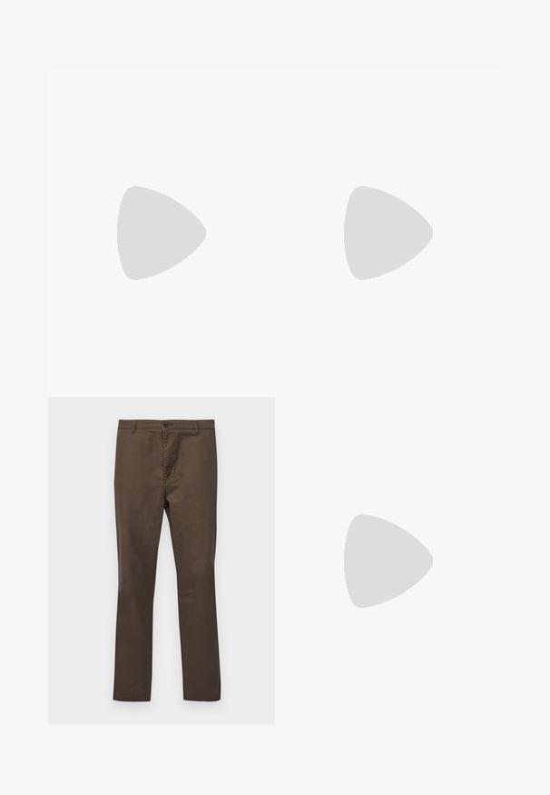 Long-sleeve, ribbed shirt in deep burgundy, featuring a round neckline and fitted cuffs. Smooth texture, no visible patterns or accents.; Brown cotton trousers with a straight-leg design, featuring a button closure and belt loops, smooth texture without patterns or accents.; Brown leather boat shoe with a rounded toe, textured sole, gold eyelets, and stitching detail along the upper for a classic design.; Round sunglasses with green lenses, gold metal frame, elongated temples, and tortoiseshell accents on the earpieces.