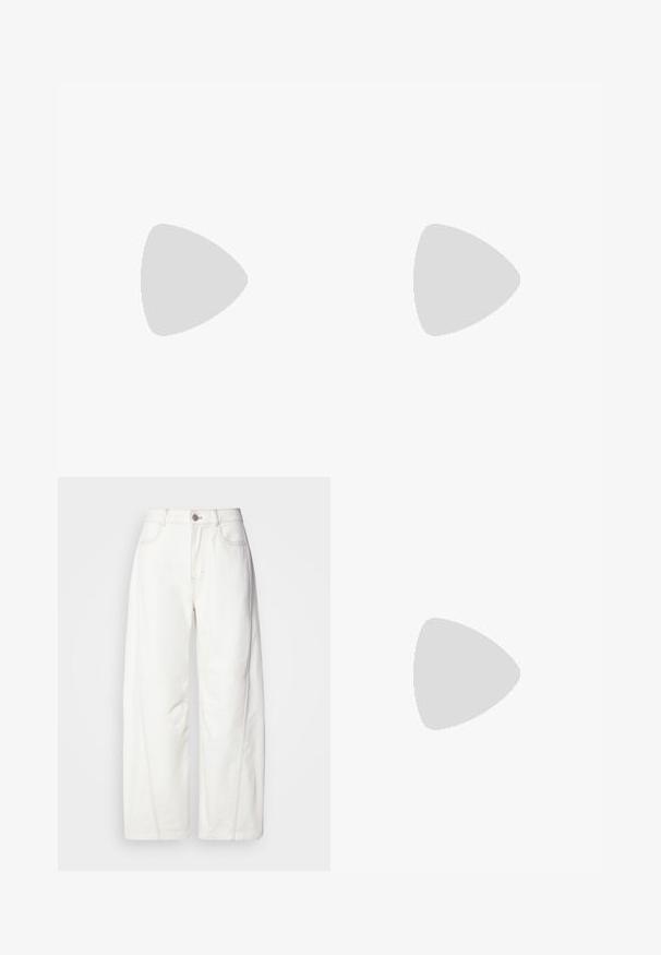 Gray sleeveless tank top made of ribbed material; features a round neckline and a fitted design. No patterns or additional accents.; White wide-leg jeans made from denim with visible stitching. Features a button closure and slight texture. Pockets on the front.; Black leather ankle boot with pointed toe, elastic side panels with vertical grooves, and a low block heel. Smooth texture and sleek design.; Silver hoop earrings with a polished finish and DKNY branding, displayed against a plain white background.