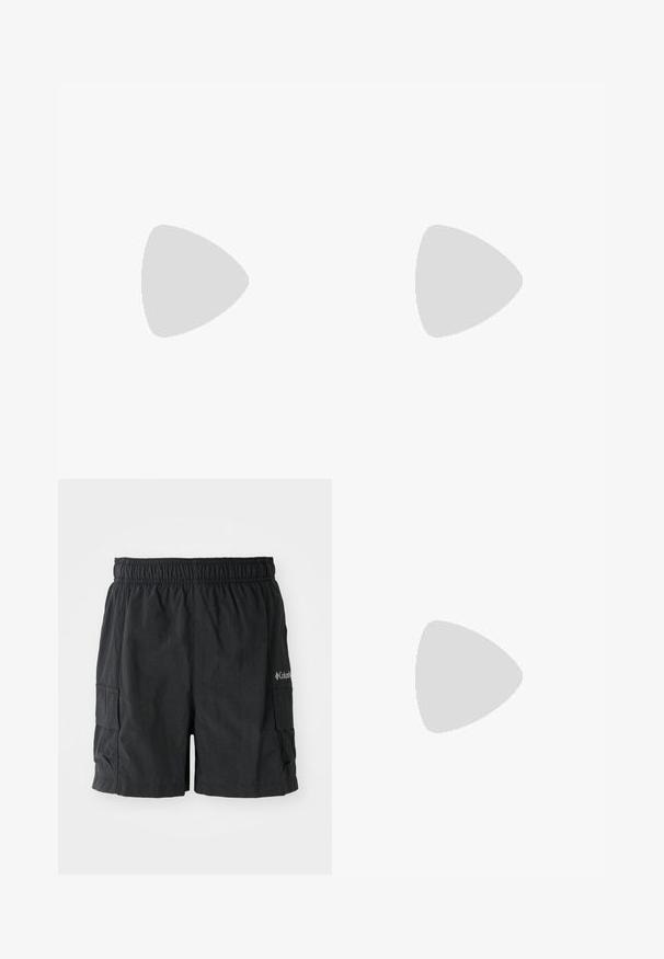 Tricou scurt din bumbac, de culoare lavandă, cu guler rotund și un logo roșu Columbia pe față. Textură netedă, croială lejeră.; Pantaloni scurți negri dintr-un material ușor, cu un Brau elastic, buzunare laterale și un logo în partea dreaptă jos.; Pantofi sport albi cu o talpă din cauciuc texturată, bej. Au un accent cu imprimeu animalic albastru și șireturi plate bej, purtându-se cu pantaloni căprui.; Cercei aurii cu forme texturate și ondulate. Include studs sculpturale cu clip și un design de cerc deschis cu un finisaj cioplit.
