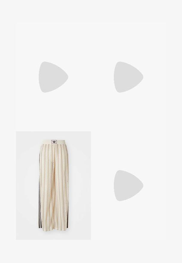 Free People SARA - Top - black combo; Cream-colored wide-leg pants with a zigzag pattern, featuring a black logo waistband and side black stripes. Lightweight, textured fabric.; Cream and lavender sneakers with three stripes and a textured brown sole, featuring laces and a padded heel. Soft fabric upper.; White shoulder bag made of smooth material, featuring an oval cutout and wide strap design. Simple and modern with no visible hardware.