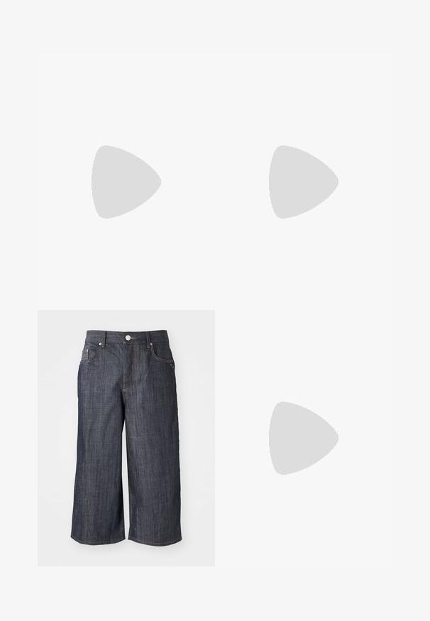 Débardeur en tricot crème avec des rayures horizontales alternées de violet, noir et bleu clair ; encolure ronde et tissu texturé.; Culottes en denim foncé avec une coupe évasée, comportant cinq poches, un bouton métallique de fermeture et des accents de couture contrastants.; Botte de cow-boy en cuir marron avec un long tige, un bout pointu, des motifs de couture complexes et un petit talon. Finition texturée tout au long.; Lunettes de soleil rondes noires avec des verres transparents, fines branches noires et petites accents métalliques à l'avant. Design classique avec style minimaliste.