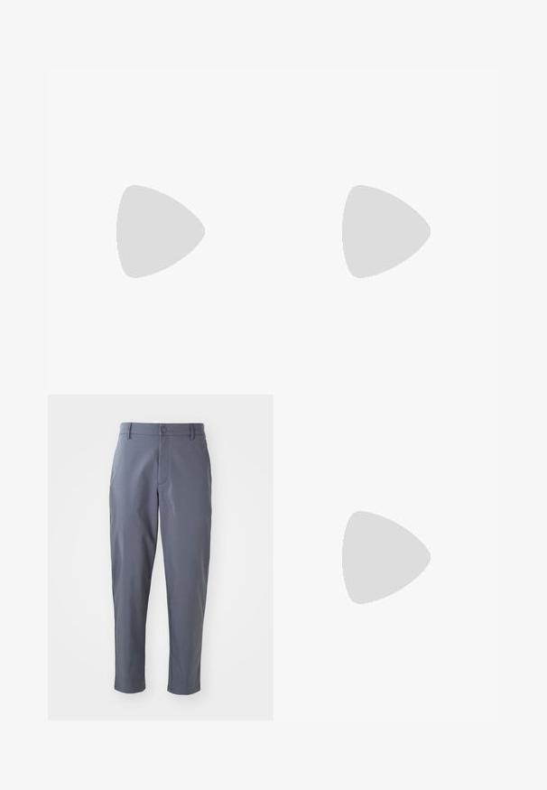 Short-sleeve white t-shirt made of cotton with a round neckline. Features a black printed logo on the left chest area and a small label at the hem.; Gray trousers with a smooth texture, slim fit, straight legs, front pockets, and a button closure at the waist.; Gray and blue sneaker with a textured upper, featuring mesh and synthetic materials, a chunky sole, and a white and beige accent.; Black nylon crossbody bag with a zip closure, flat front pocket, and a textured strap. Features a small logo on the front.