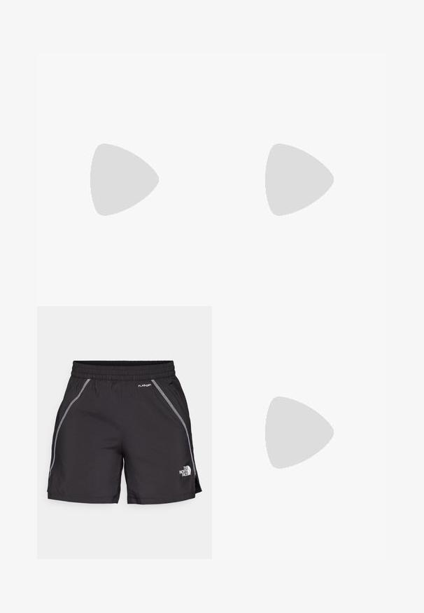 Black cropped t-shirt made of cotton. Features a round neckline and short sleeves, with a white logo on the left chest area.; Black athletic shorts made from lightweight material feature an elastic waistband, reflective detailing, and the logo "The North Face" on the left side.; Black hiking shoe with a textured upper, lace closure, and a chunky rubber sole featuring a prominent logo on the side and tread patterns.; Black backpack with zippered main compartment, elastic bungee cord design, padded straps, and a logo on the front; made of durable fabric.