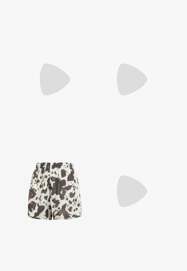 Lyhytpolo vaaleanlaventelissa, pehmeästä puuvillasta valmistettu, varustettu vetoketjullisella etupuolella, lyhyillä hihoilla ja huomaamattomalla brodeeratulla logolla.; Viimeistellyt stringishortsit kerma-värissä, joissa on ruskean ja mustan lehmänkuvio. Sileä kangas, väljä malli, ommeltu helma ja joustava vyötärö.; Valkoiset tasapohjakengät, joissa on sileä nahkamainen päällinen, pyöristetty muoto, pehmustettu nilkkaosa ja texturoitu kumipohja, jossa on hyvin määritellyt urat.; Beige laukku, joka on valmistettu pehmeästä materiaalista, ja siinä on rento muotoilu, ommeltu yksityiskohtia ja kaksi olkahihnaa. Sopii päivittäiseen käyttöön.