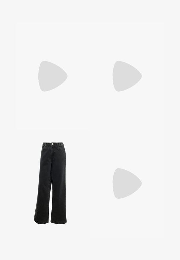 Long-sleeve top in dark navy, featuring a scoop neckline, fitted silhouette, side slits at the hem, and smooth, stretchy fabric.; High-waisted, wide-leg black denim pants with a button closure, five pockets, and a small logo embroidered on the front. Textured fabric.; Black athletic shoe with a textured upper, three silver stripes, and a distinctive cushioning sole featuring multiple integrated sections.; Black leather handbag with a trapezoidal shape, featuring a raised Adidas logo design and a thin shoulder strap. Zipper closure at the top.