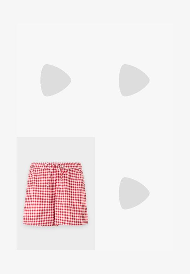 Metallic silver halter top with deep V-neck and draped front. Smooth texture with gathered design detail at the waist.; Red and white gingham shorts with an elastic waistband and drawstring. Features a relaxed fit and hemmed edges. Fabric appears lightweight.; Black and silver athletic shoe with a textured upper, distinct grooves, and red cushioning elements on the heel for support. Low-top design.; Red glossy leather handbag with a triangular shape, wide top opening, and a single curved handle. Smooth texture with minimal stitching details.