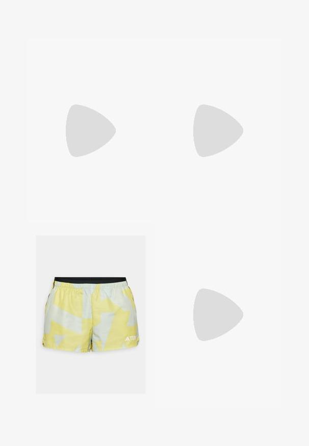 Sötétszürke, rövid ujjú ing, könnyű anyagból, kerek nyakkivágással és fehér TERREX logóval a mellkason.; Sárga és világoszöld sportnadrág geometrikus mintával, rugalmas derékpánttal, oldalsó hasítékokkal és logó részlettel az alján.; Fehér futócipők narancssárga kiegészítőkkel. Hálós anyag, lekerekített orr, és vastag középtalpa. "TERREX" felirat a laterális oldalon és három csík a sarokrészen.; Sport napszemüveg fekete műanyag kerettel és szürke árnyékolt lencsékkel. Szögletes dizájnnal és szellőzési nyílásokkal rendelkezik a kereten.