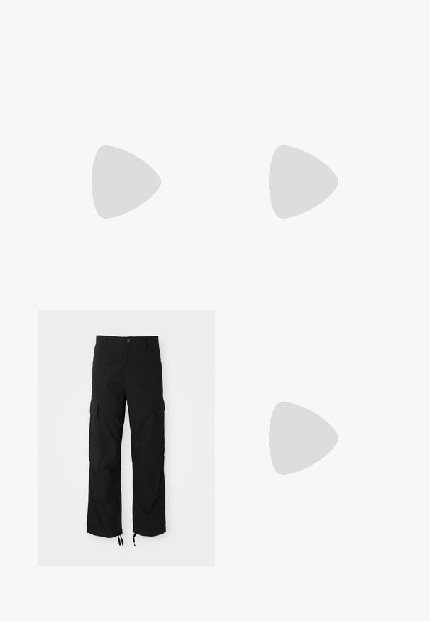 White short-sleeve T-shirt with a small black triangle logo containing "acg" on the left chest, plain background.; Black cargo pants made of durable fabric, featuring two side pockets, a button closure, and adjustable hems for a loose, relaxed fit.; Silver athletic shoe with a smooth, shiny surface, white logo on the side, textured gray laces, and a gum rubber sole.; Person in black pants and silver sneakers carrying blue The North Face duffel bag by its handles against green floor.