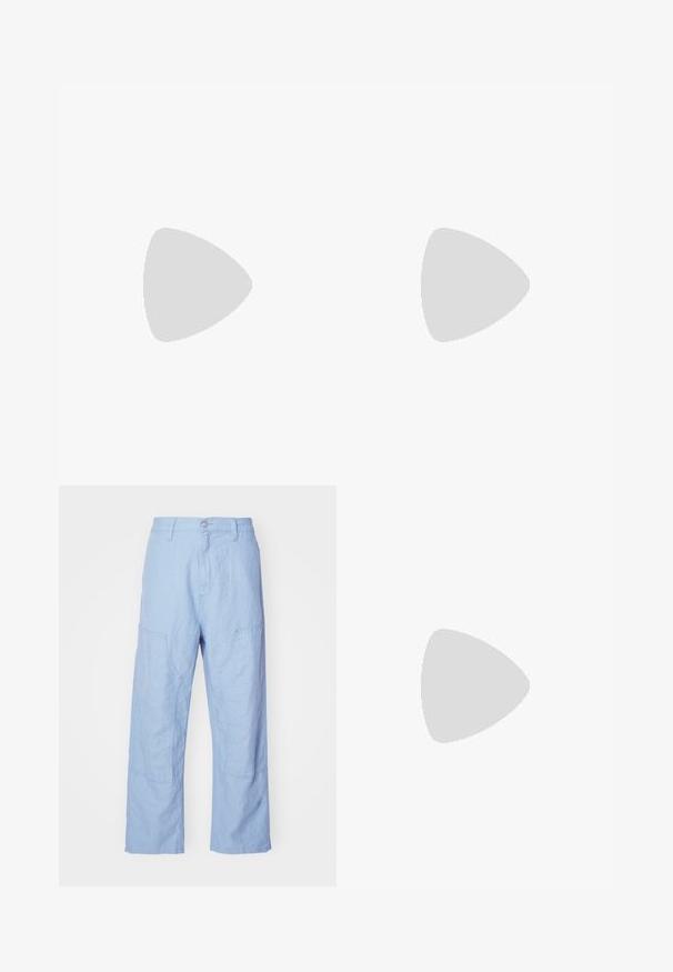 Light blue cotton t-shirt featuring a yellow Nike label with black and white stripes on the chest. Classic crew neck and short sleeves.; Light blue linen pants with a relaxed fit, featuring patch pockets and visible stitching details. The fabric has a soft, textured appearance.; White athletic shoes with textured overlays, a chunky sole, and gray accents. Worn with white crew socks and green shorts on a blue surface.; Black crossbody bag with a zippered main compartment, front pocket, adjustable strap, and a visible logo patch on the flap.