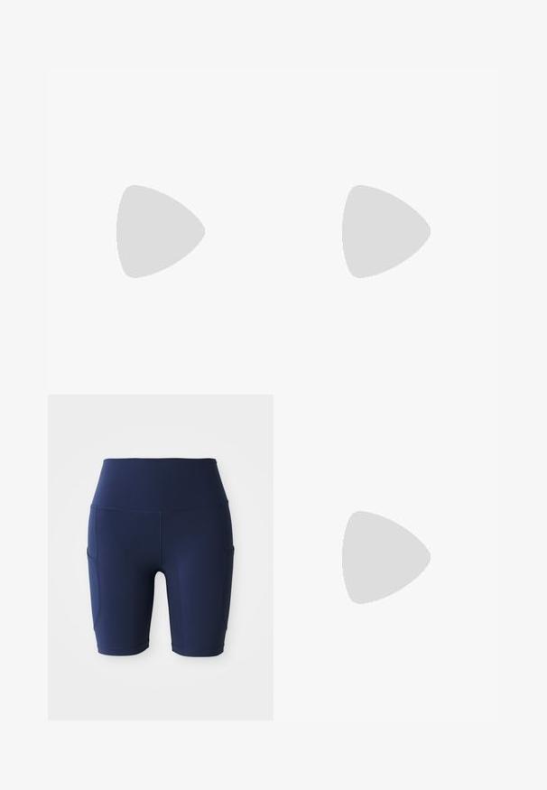 White sleeveless polo shirt with a black collar featuring turquoise accents. It has a v-neck and a small black Nike logo on the chest.; Navy blue, high-waisted biking shorts made of stretchy, smooth fabric; features side pockets and a fitted design.; Running shoe with a lightweight cream upper, blue branding, and orange accents on the sole. Mesh texture for breathability.; White-framed sunglasses with large, gradient lenses featuring a pink to light orange tint, accentuated by a blue nose piece and logo detail.