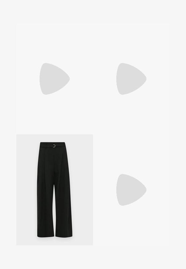 Top negru fără mâneci, cu un model floral alb, având bretele subțiri și un design ușor evazat. Material neted, cu o textură moale.; Pantaloni largi negri, confecționați dintr-un material neted, având o curea cu o cataramă din argint, plii în față și un tiv drept.; Pantofi slingback din piele patent neagră, cu vârful ascuțit, tocul subțire și un design discret cu decupaj. Se evidențiază printr-un cataramă aurie pe curea.; Plică din piele maro cu ramă aurie și mânere scurte din lant auriu, având o textură moale, pliată pe un fundal alb.