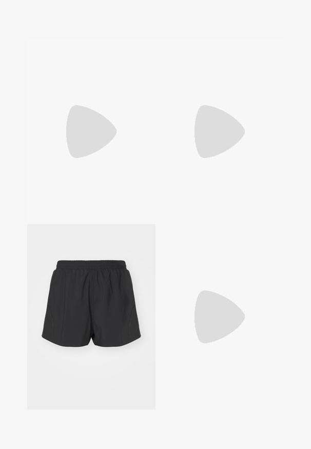 Sort ærmeløs top lavet af blød bomuld, med en rund halsudskæring og et cirkulært logo i hvidt nederst til højre.; Sorte løbeshorts med elastisk talje, letvægtsstof og struktureret design med subtile sideaccentueringer.; Hvide sportssko med mesh- og syntetiske overlays, der har snørebånd, buet design, hvilende på en sort medicinbold, mod en mørk baggrund.; Solsikker med hvid ramme, grå accenter og blå spejllinser. Sporty design, omviklet form og justerbare næsepuder.