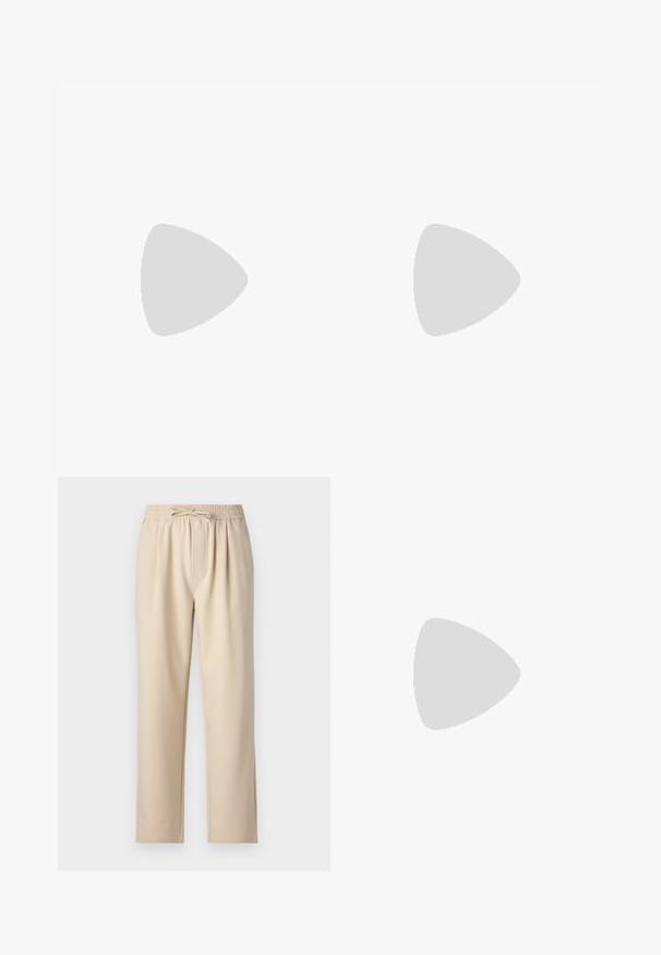 Sort polo shirt lavet af glat, åndbart stof. Har en kort krave, tre-knap lukning og et lille logo på brystet.; Beige bukser med elastisk talje og snøre, lige ben-design og blød, glat stofstruktur.; Hvide slip-on sneakers med en struktureret overflade, en tyk sål og et minimalistisk design. Har brandlogoet på siden.; Sorte solbriller med rektangulær form, mørke linser, sølvdetaljer ved tindingerne og en mat finish på stellet.