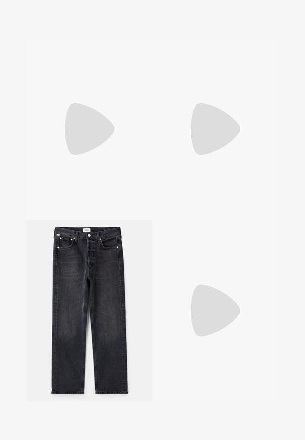 Striped T-shirt with short sleeves, featuring black and white ribbed texture, round neckline, and small red logo on the left chest.; Black denim jeans with a straight fit, five pockets, silver hardware, and a slightly faded texture. Classic design with minimal detailing.; Black leather ankle boot with a pointed toe and a chunky square heel. Smooth texture with a seamless design and minimalistic stitching.; Pearl hoop earrings featuring a gold-tone metal clasp. The design includes several smooth, white pearls in a circular shape.