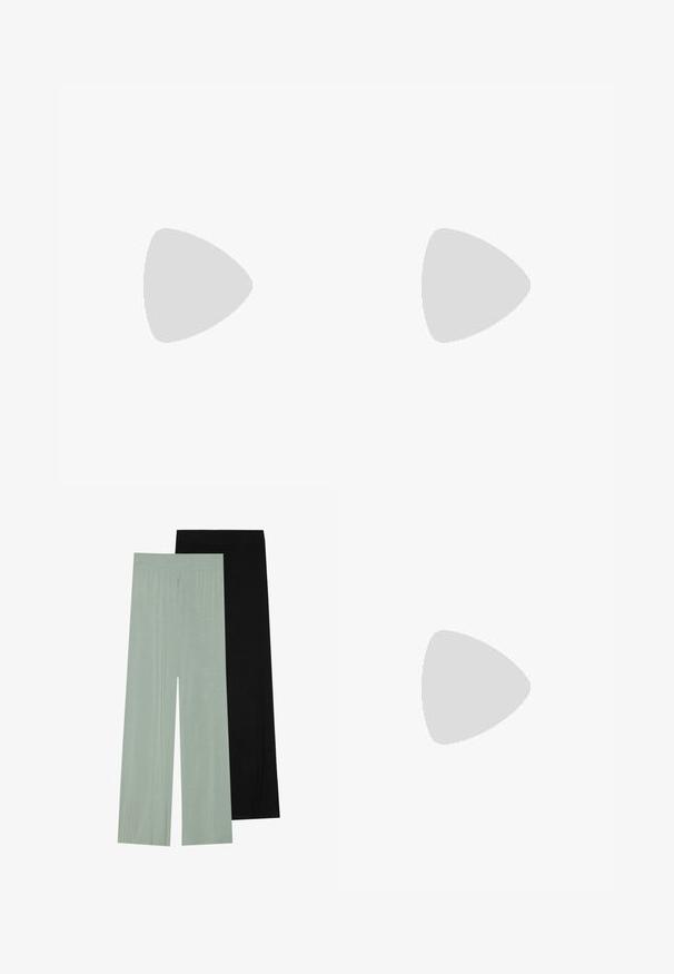Camisola justa bege com alças finas, feita de um tecido suave e elástico. O design apresenta um decote redondo e sem elementos de hardware visíveis.; Duas calças de perna larga: uma em verde claro e outra em preto. Tecido suave com cintura elástica, exibindo uma textura simples e lisa.; Tênis de camurça cinza com atacadores brancos, riscas pretas e uma sola de borracha branca. Apresenta um logótipo circular na língua e uma sola de borracha.; Bolsa preta com forma estruturada, textura suave e um fecho metálico. Combinada com calças largas pretas e sandálias de salto aberto sobre um chão de madeira.
