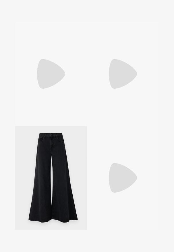 Light blue ribbed t-shirt with short sleeves; features a round neckline and a small red logo stitched on the chest.; Wide-leg black denim pants with a high waist, featuring a button closure and front pockets. Smooth texture, no visible patterns or accents.; BOSS IRYNA BOOTIE - Platform ankle boots - black; Denim crossbody bag with a black leather strap, oval logo design on the front, and a zip closure at the top. Textured finish.