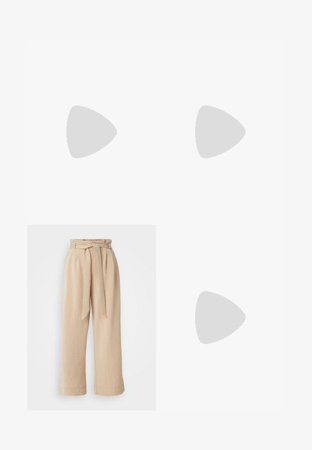 White long-sleeve shirt with a button-up front, featuring a collar, soft ribbed texture, and light yellow buttons.; Beige wide-leg trousers with a belted waist, made of textured fabric. Features a front pleat and a smooth finish along the hem.; Brown patent leather slingback shoe with a pointed toe and a moderate heel. Features a buckle strap for secure fit. Smooth texture.; Brown leather tote bag with a smooth texture, open top design, and two shoulder straps. Features minimal stitching and no visible hardware.