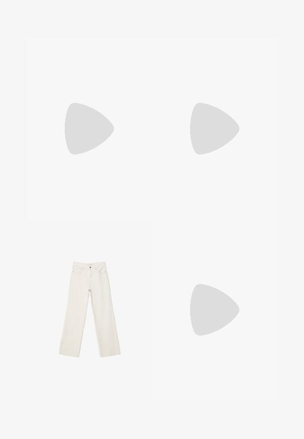 Beige, short-sleeve V-neck t-shirt with a straight cut and high-low hem. Made of soft, lightweight material with a subtle heather pattern.; White wide-leg jeans made of denim, featuring a high-rise waist, front pockets, and a button closure. Clean design with minimal accents.; Tan suede slip-on shoe with a textured wool lining and decorative ethnic-style stitching around the collar. Features a rubber sole.; Brown suede tote bag with soft texture, large opening, and long straps. Features a simple design with visible stitching and no hardware.