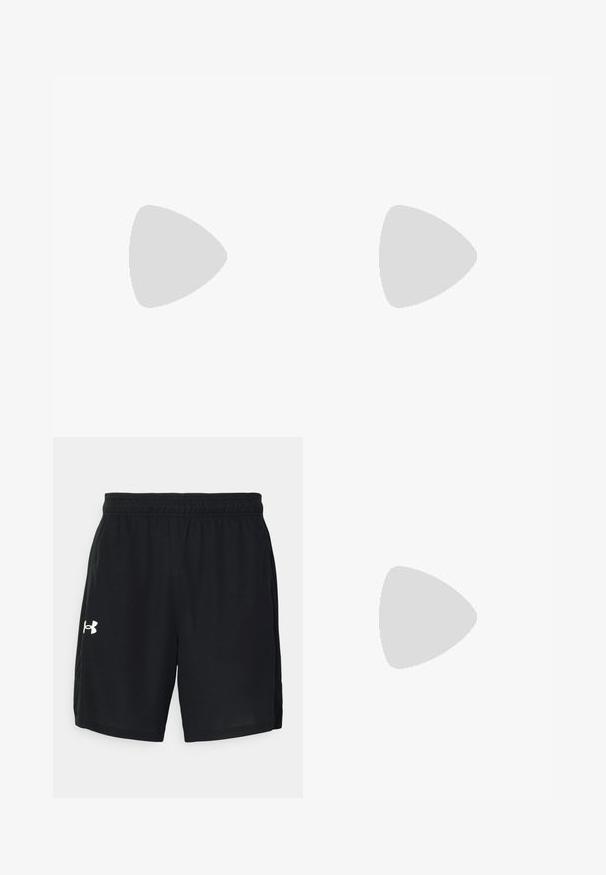 Biała, siateczkowa bluzka bez rękawów z okrągłym dekoltem, z czarnym logo z przodu. Tkanina ma teksturowany, oddychający wygląd.; Czarne sportowe szorty z lekkiego materiału, z elastycznym pasem w talii i białym logo po lewej stronie.; Czarne mokasyny sportowe z teksturowaną cholewką i gumową podeszwą. Posiadają szary okrągły akcent oraz elastyczny pasek na podbiciu dla lepszego dopasowania.; Czarne sportowe okulary przeciwsłoneczne z szarymi soczewkami, zakrzywioną konstrukcją ramy i detalem z logo z boku. Wykonane z lekkiego materiału plastikowego.