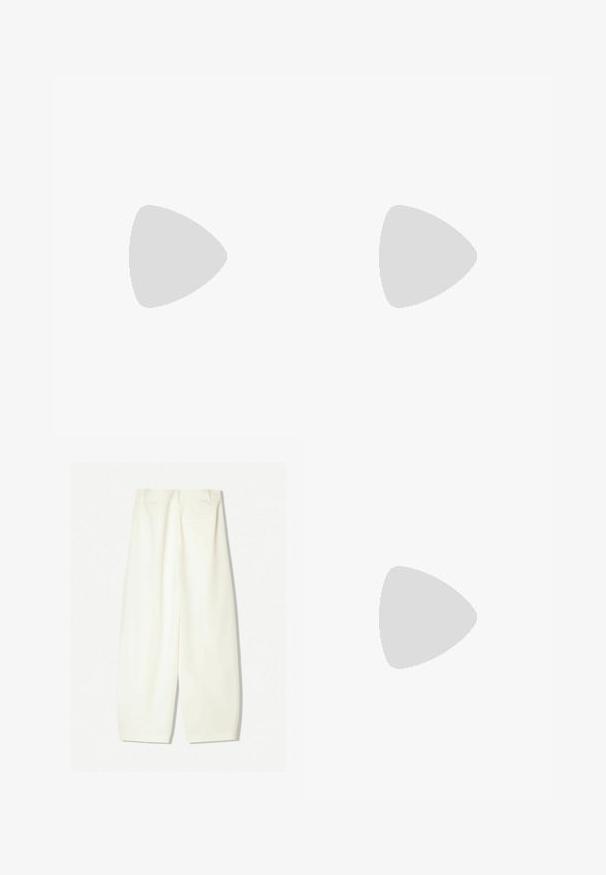 Brown halter top made of soft, stretchy fabric. Features a fitted bodice and gathered texture, with a wide strap design for the neck.; Wide-leg trousers in a soft cream fabric, featuring a smooth texture, front pockets, and a relaxed fit with a mid-rise waistband.; Red patent leather shoes with a square toe, low heel, and ankle strap, paired with light green wide-leg jeans. Smooth texture, reflective surface.; Brown tortoiseshell sunglasses with a rectangular shape, dark brown lenses, and gold "vogue" branding on the temples.