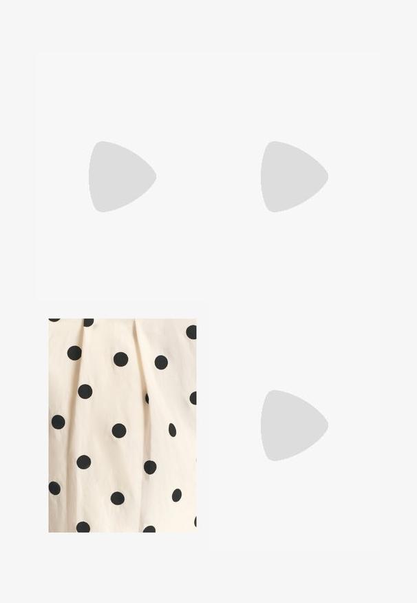 Strikket ærmeløs top med vandrette striber i grøn, blå og gul, med en beige kant. Blødt tekstur, åbent vævdesign.; Bomuldsstof har en cremefarvet baggrund med jævnt fordelt sorte prikker. Teksturen fremstår glat med let draperingsdetalje.; Sko med en lys gul overdel med sorte detaljer, sikker rem og en tekstureret sort gummisål. Designet til trækkraft og støtte.; Skildpaddemønstrede solbriller med ovale stel og grønne linser. Har tynde arme med en metallisk detalje nær hængslerne.