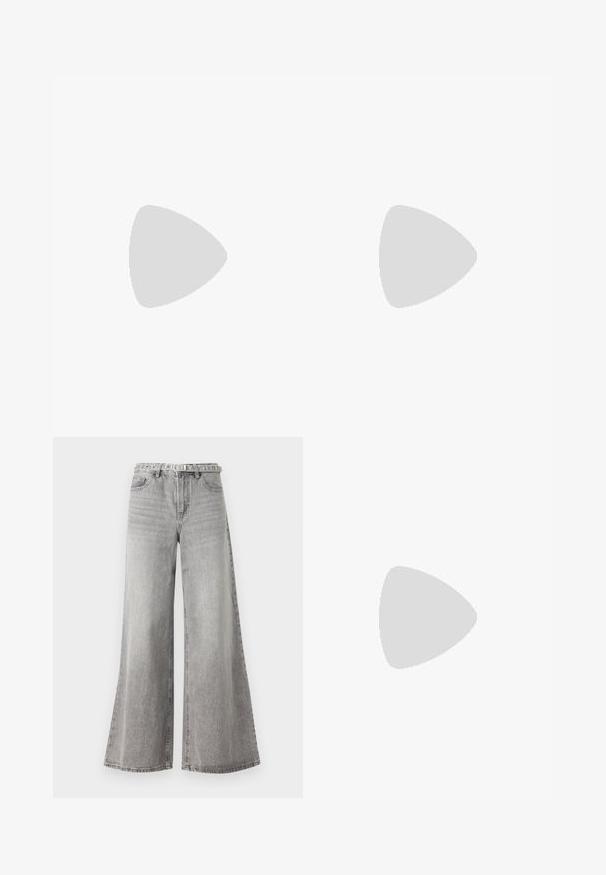 Mustmustel särg, millel on pikad varrukad, ruudukujuline kaelus ja sile, veniv materjal. Omab istuvat siluetti ja stringi stiilis põhja.; Laiad hallid denim püksid kõrge vöökohaga, klassikalise viie tasku disainiga ja vööl õmmeldud vööga. Struktuuriga kangas.; Mustad musta kandaga sandaalid, millel on mitmed risti minevad rihmad. Sile materjal, terav nina ja kitsas konts. Reguleeritav pahkluuri rihm klambriga.; Prillispid prillid, millel on peen hõbedane metallraam, hallid toonitud läätsed ja aerodünaamiline disain, millel on teravad servad ja õhukesed varred.; Hõbedased rõngastikkaehingad minimalistlikus disainis. Ümar kuju, sile tekstuur ja õhuke profiil. Kerged ning poleeritud viimistlusega.