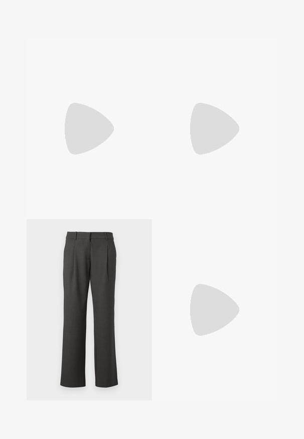 Hvid T-shirt lavet af blødt, let stof. Har en rund halsudskæring og korte, brede ærmer med en afslappet pasform. Ingen synlige mønstre.; Mørkegrå formelle bukser med lige ben, bæltestropper og frontfolder, præsenteret mod en hvid baggrund.; Grå sneaker med mesh og suede materialer, med et hvidt logo, polstret krave og tekstureret gummisål. Accenter i mørkere grå.; Brun tote taske med en buet form, udstyret med et stort udsnit håndtag dekoreret med sølvnitter langs kanten. Fremstillet af blødt stof.