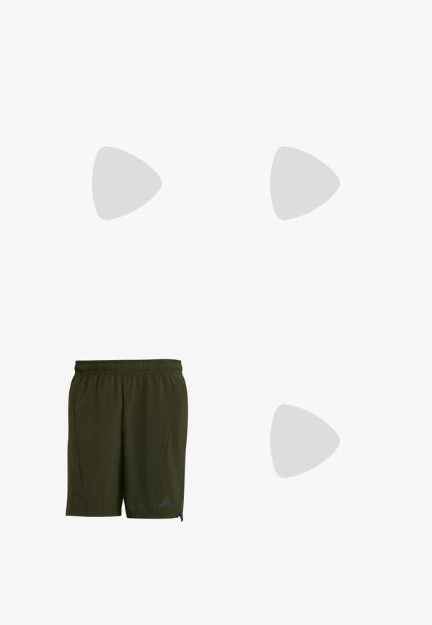 Sleeveless, form-fitting athletic top in light beige fabric. Features flat seams, a rounded neckline, and a black logo on the chest.; adidas Performance Sports shorts - night cargo; Lightweight athletic shoes featuring a cream mesh upper, grey stripes, a green accent, and a textured blue heel counter. Black laces.; Black sports sunglasses with gray lenses, a curved frame design, and logo detail on the side. Made from lightweight plastic material.